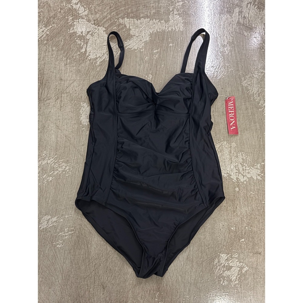 Merona Black One Piece Swimsuit Womens Large Ruched Tummy Control NWT 0086